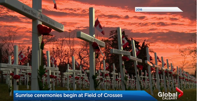Sunrise and sunset ceremonies begin at Calgary’s Field of Crosses Memorial Project.
